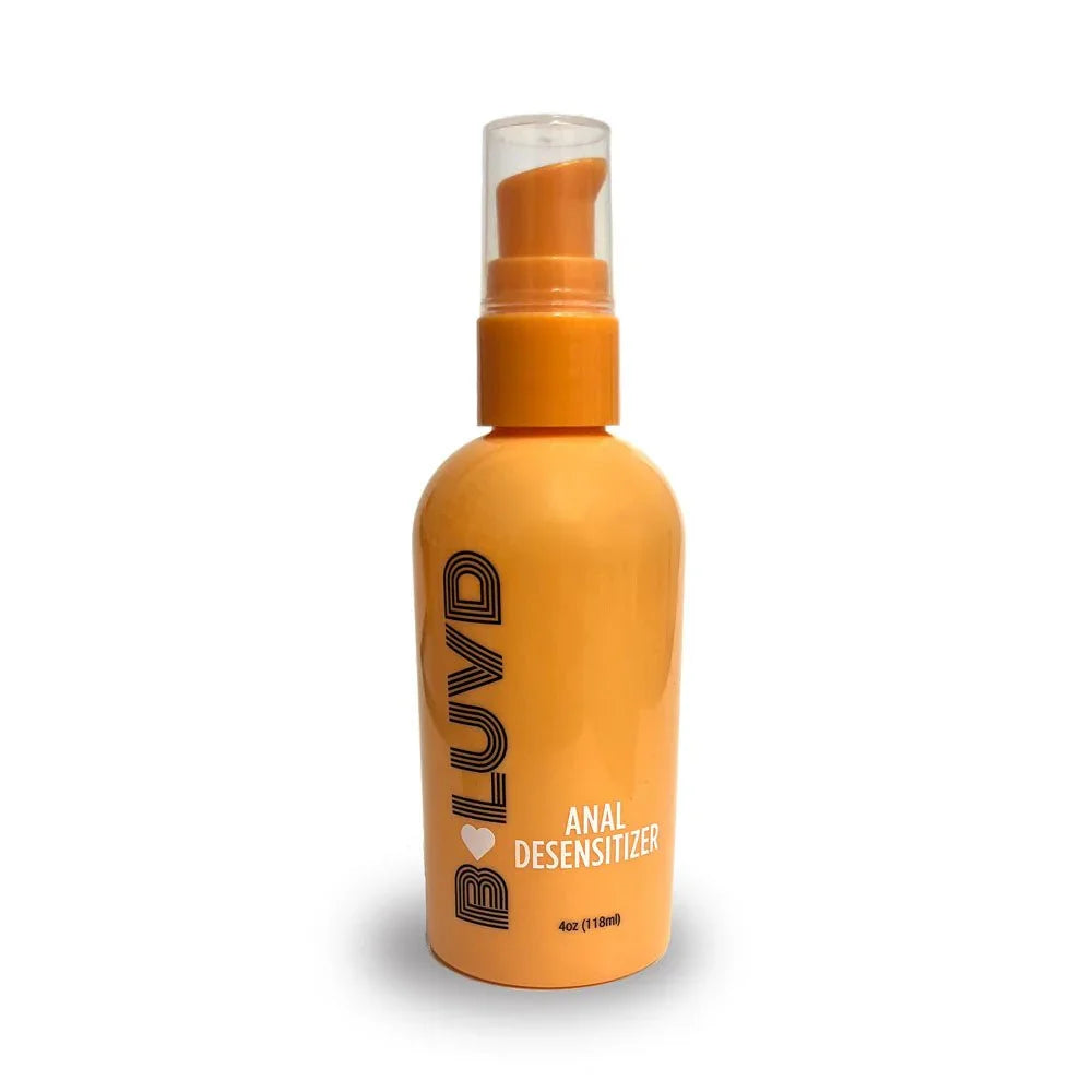 B-LUVD Anal Desensitiser, orange 118 ml pump bottle with white lettering