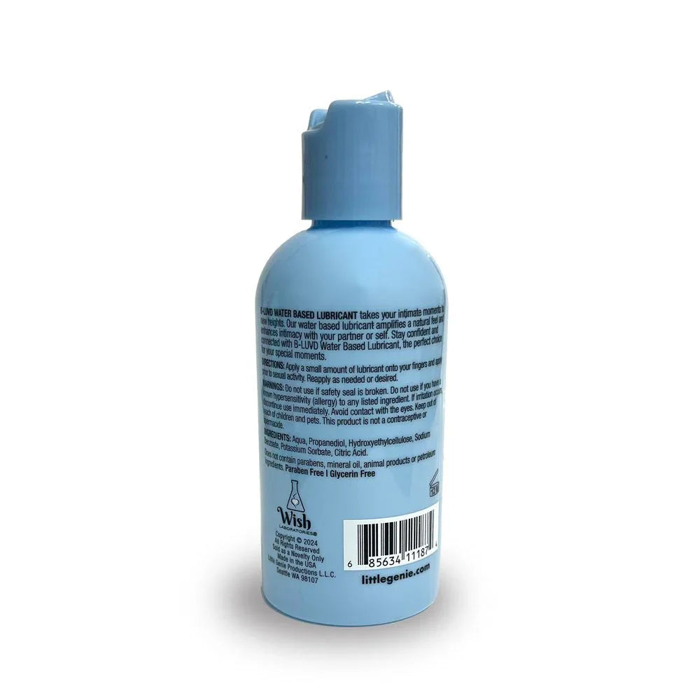 B-LUVD Water Based Lubricant bottle reverse, showing directions and barcode