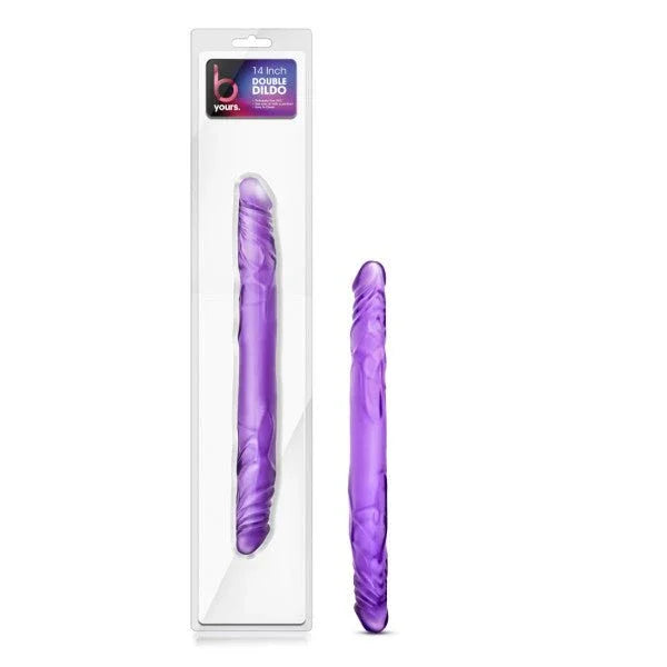 B Yours 14 inch double dildo in translucent purple, beside its long blister pack