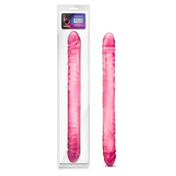 B Yours 18 inch double dildo in translucent pink, beside its long blister pack