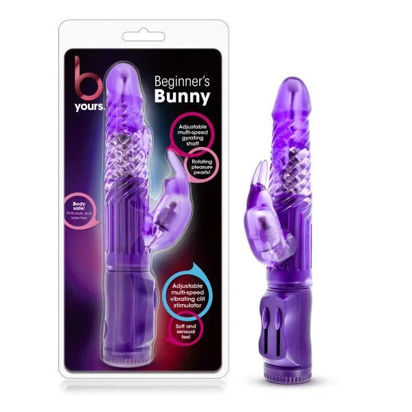 B Yours Beginner's Bunny rabbit vibrator in purple with rotating pearls, beside its pack