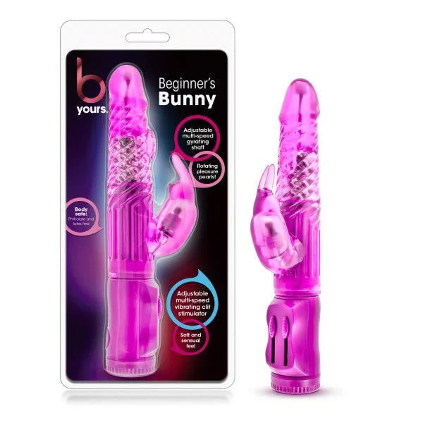 B Yours Beginner's Bunny rabbit vibrator in pink with rotating pearls, beside its pack