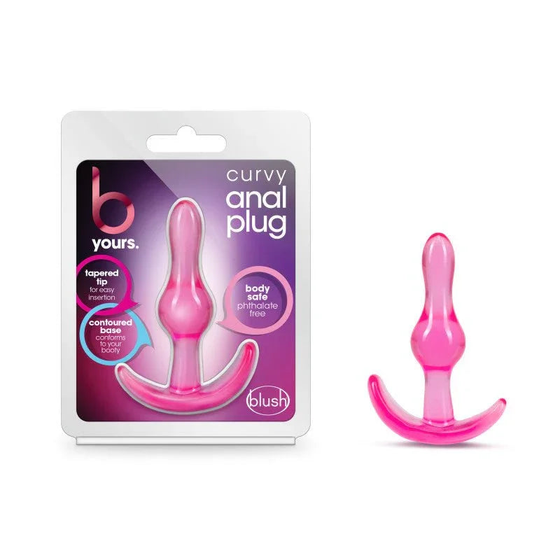 B Yours Curvy Anal Plug in translucent pink beside its blister pack