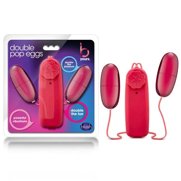 B Yours Double Pop Eggs in cerise pink, two vibrating eggs and controller with blister pack