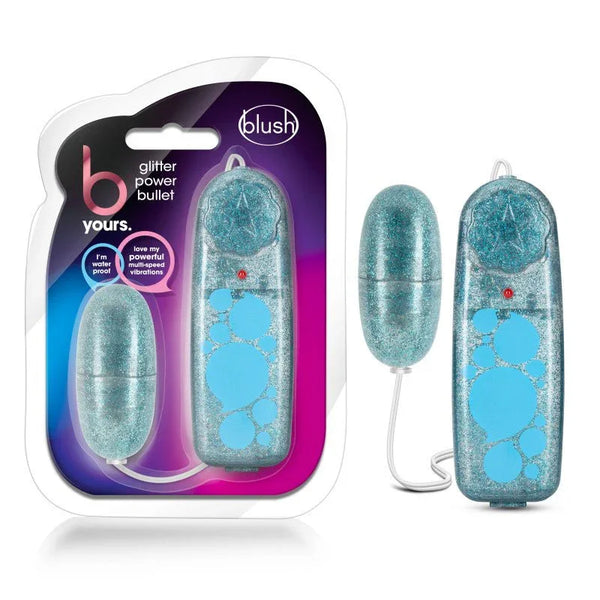 B Yours Glitter Power Bullet in blue glitter with wired controller and blister pack