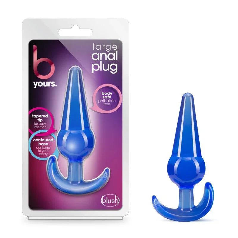 B Yours Large Anal Plug in translucent blue beside its blister pack