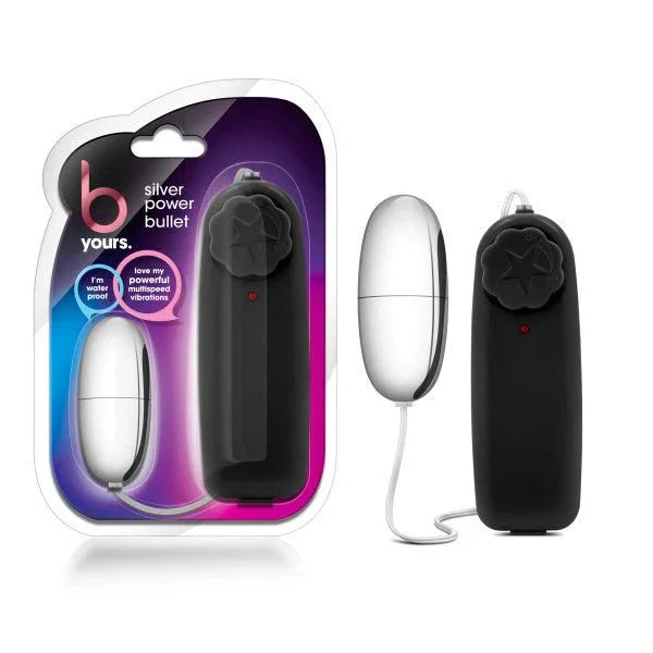 B Yours Silver Power Bullet, silver egg with black star-dial controller and blister pack