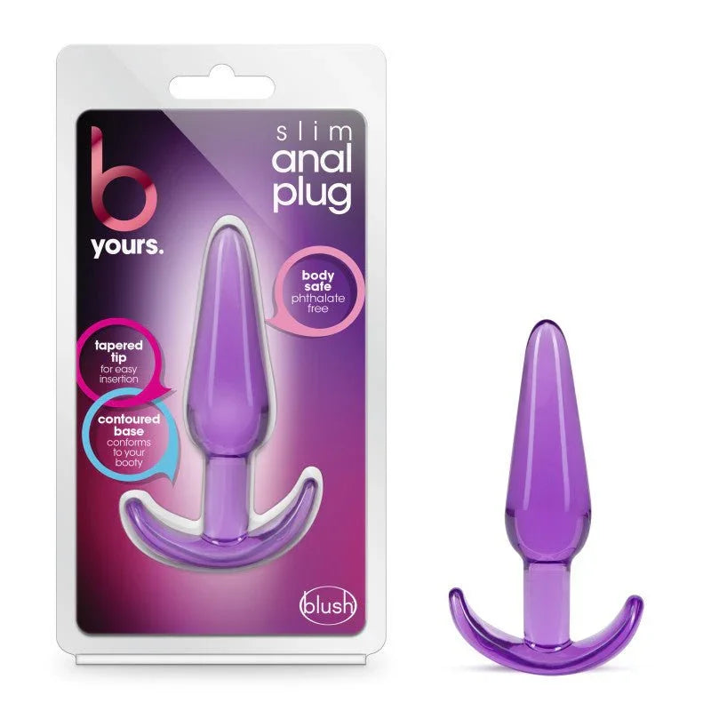 B Yours Slim Anal Plug in translucent purple beside its blister pack