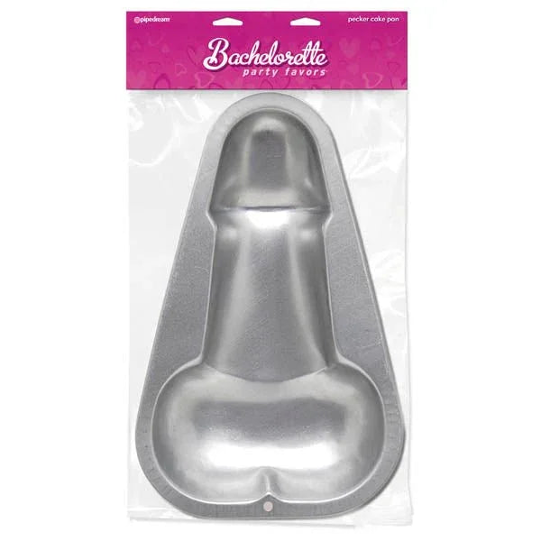 Bachelorette pecker cake pan in silver metal, penis-shaped tin sealed in its packet
