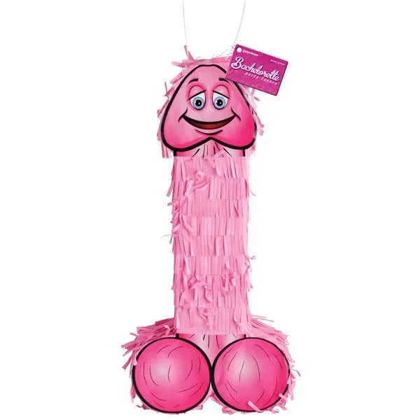 Pink penis-shaped party pinata with a smiling cartoon face and paper fringe, hanging by a cord