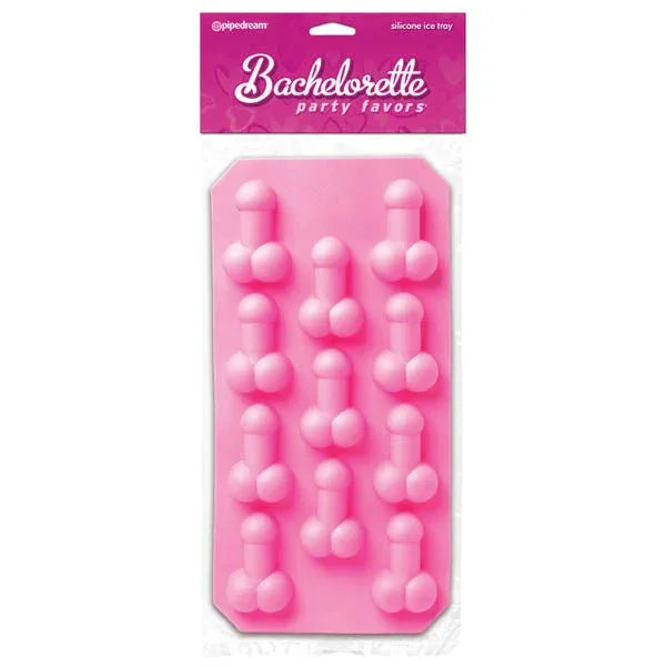Bachelorette penis ice cube tray in pink silicone, twelve small moulds, in its bag