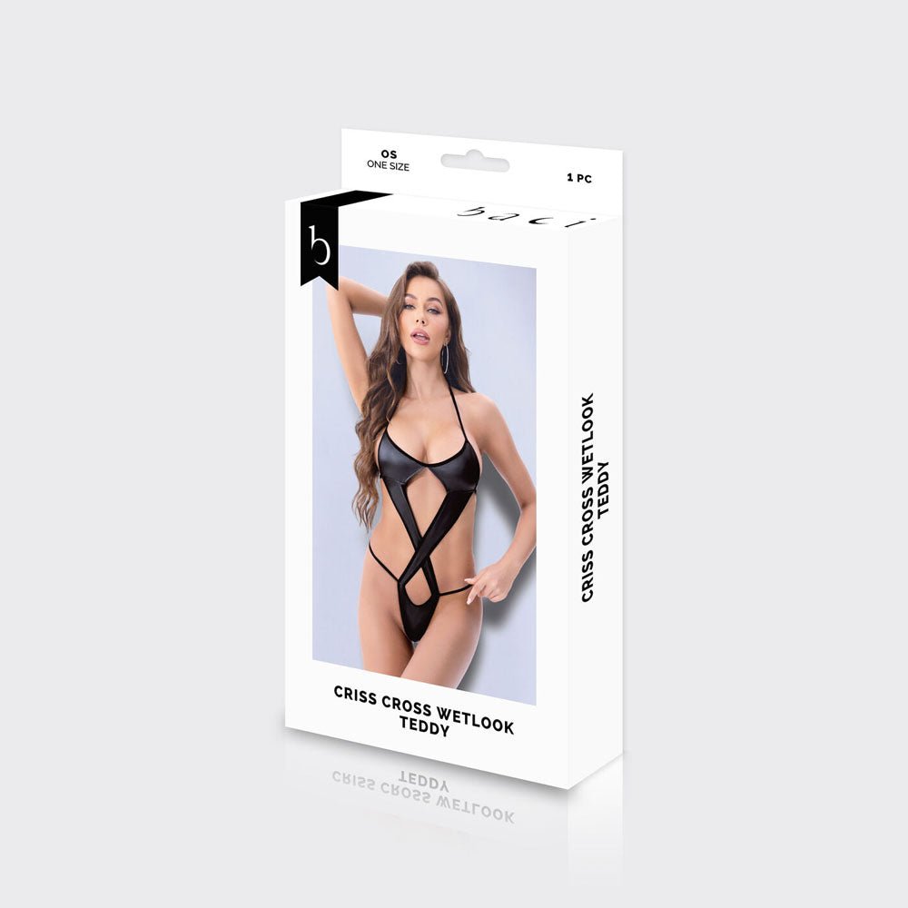 BACI WL Criss Cross Wetlook Teddy - Black - One Size – Sex toys NZ by Naughtyhut. Discreet delivery nationwide.
