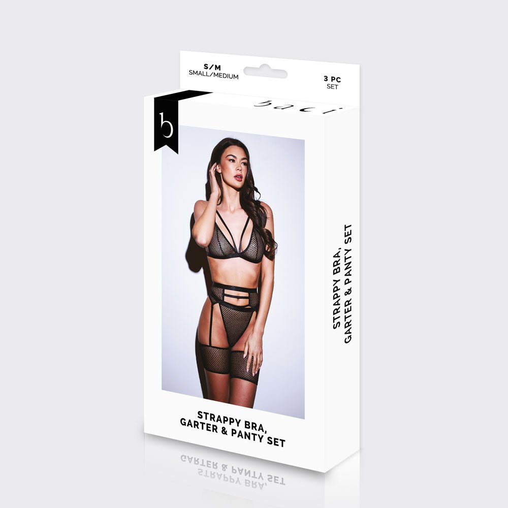 Buy BACI WL Strappy Bra, Garter & Panty Set - Black - Black - S/M Size – Naughtyhut NZ sex toys online. Discreet delivery & top brands.