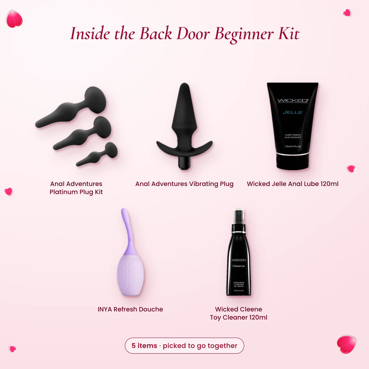 What's inside the Back Door Beginner Kit: Anal Adventures Platinum Plug Kit, Anal Adventures Vibrating Plug, Wicked Jelle…