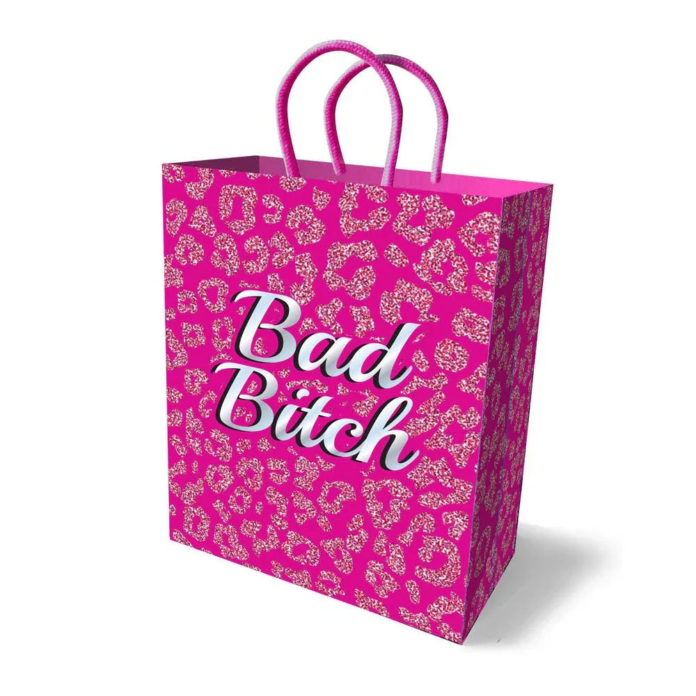 Bad Bitch novelty gift bag in hot pink with gold leopard print and pink cord handles