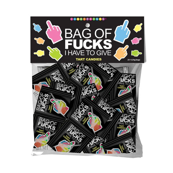Bag Of Fucks I Have To Give, sealed bag holding 25 black mini packs of tart candies