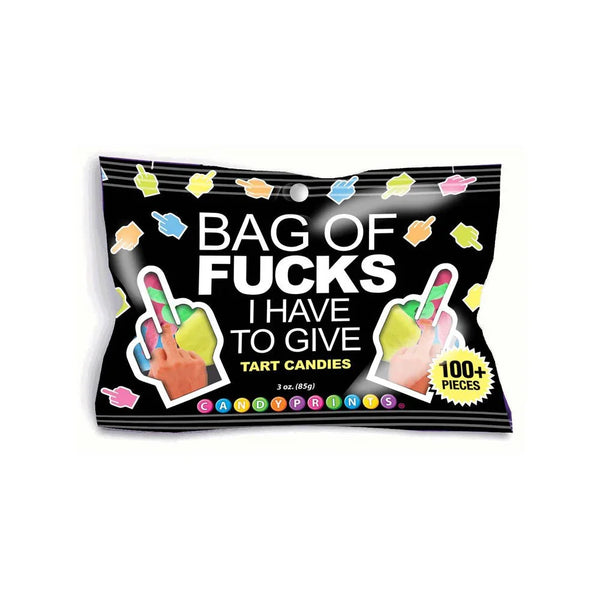 Bag of Fucks I Have To Give, 85 g foil bag of fruit lollies with finger-shaped sweets