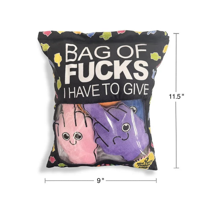 Bag Of Fucks plush pillow pack with dimensions marked 11.5 by 9 inches