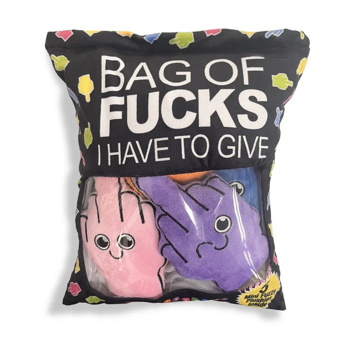 Bag Of Fucks Mini Fuzzy FU plush pillow pack, pink and purple finger plushies inside
