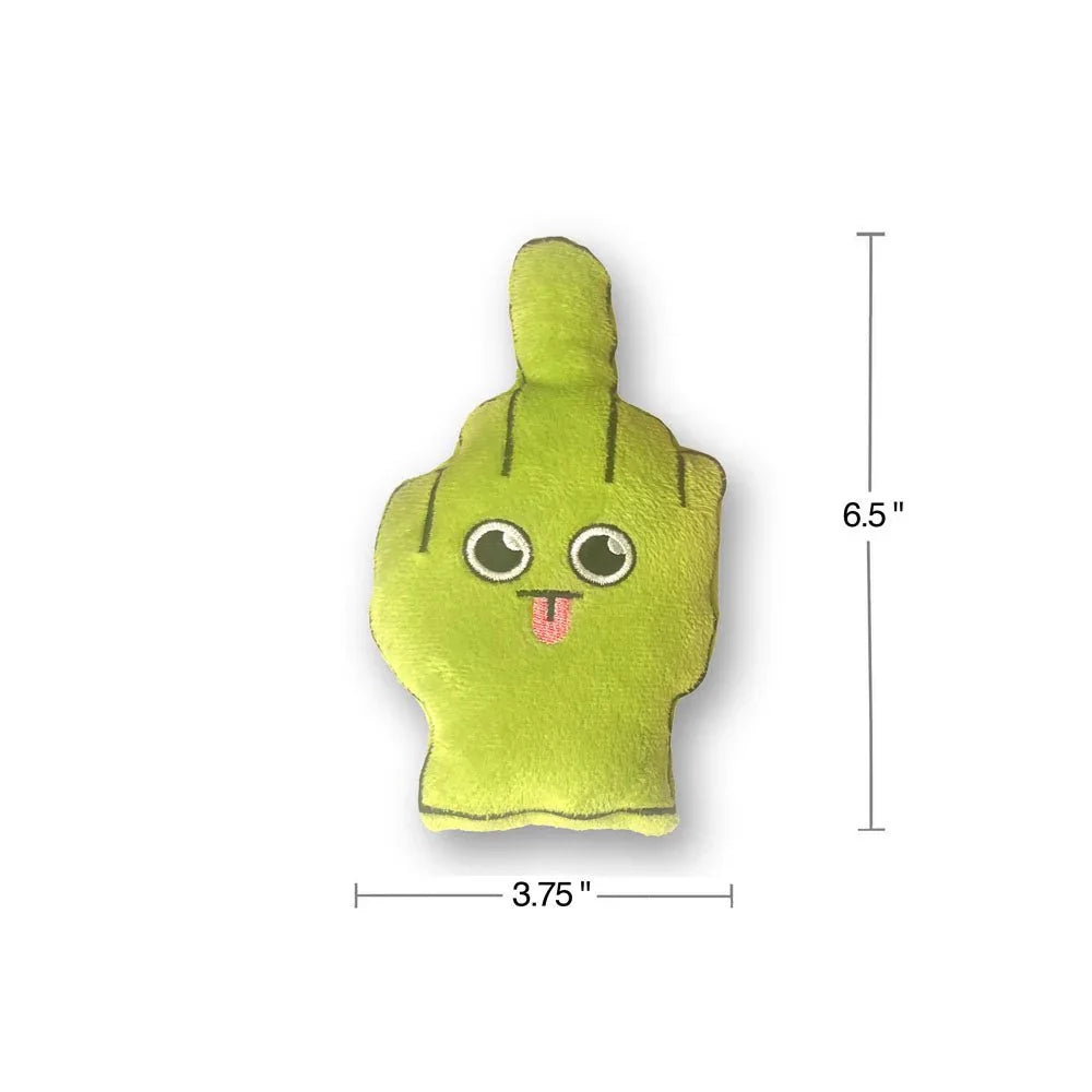 Bag Of Fucks single green plush finger, sized 6.5 by 3.75 inches