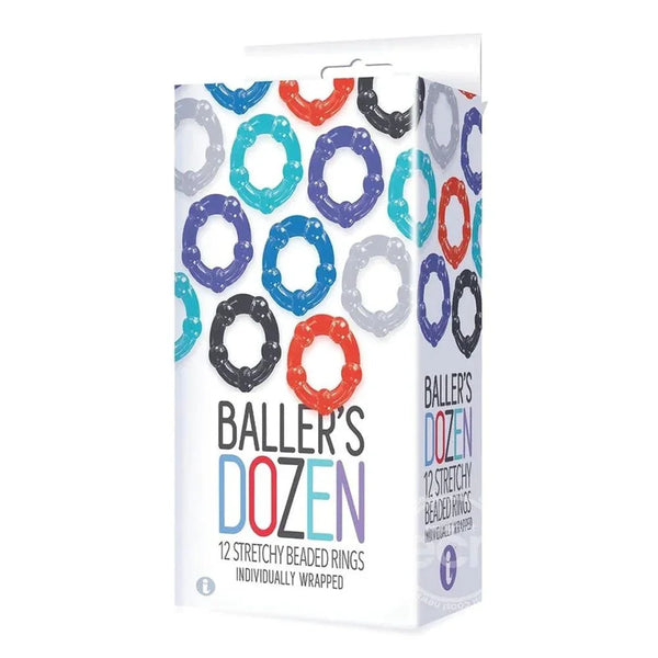 Baller's Dozen retail box picturing twelve beaded cock rings in red, blue, grey and black