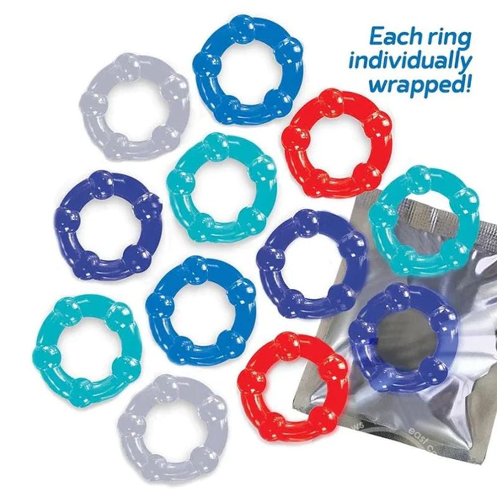 Buy Baller's Dozen - Beaded - Individually Wrapped Cock Rings - Pack of 12 – Naughtyhut NZ sex toys online. Discreet delivery & top brands.