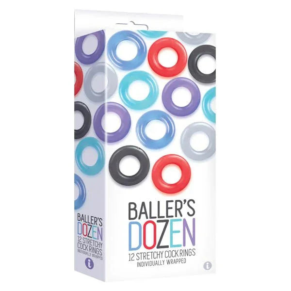 Baller's Dozen Smooth retail box picturing twelve smooth cock rings in blue, red and grey