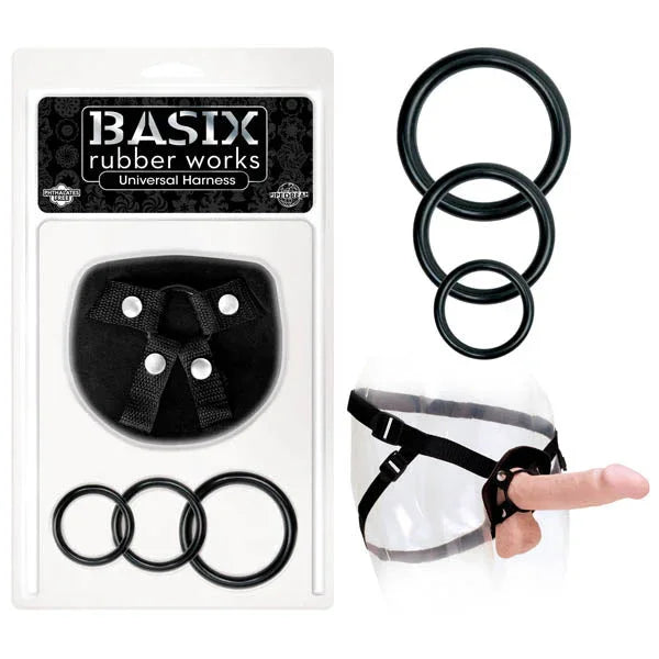 Pipedream Basix Rubber Works universal harness in Black, carded with three rubber O-rings