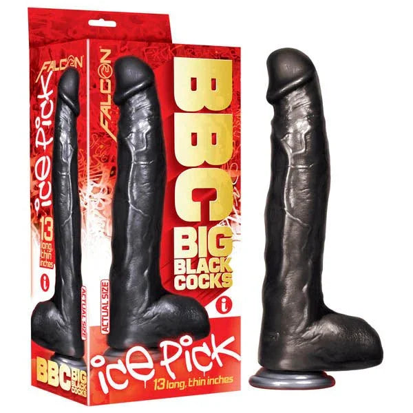 BBC Ice Pick dong in Black, long slim veined shaft on a suction base, beside its boxes