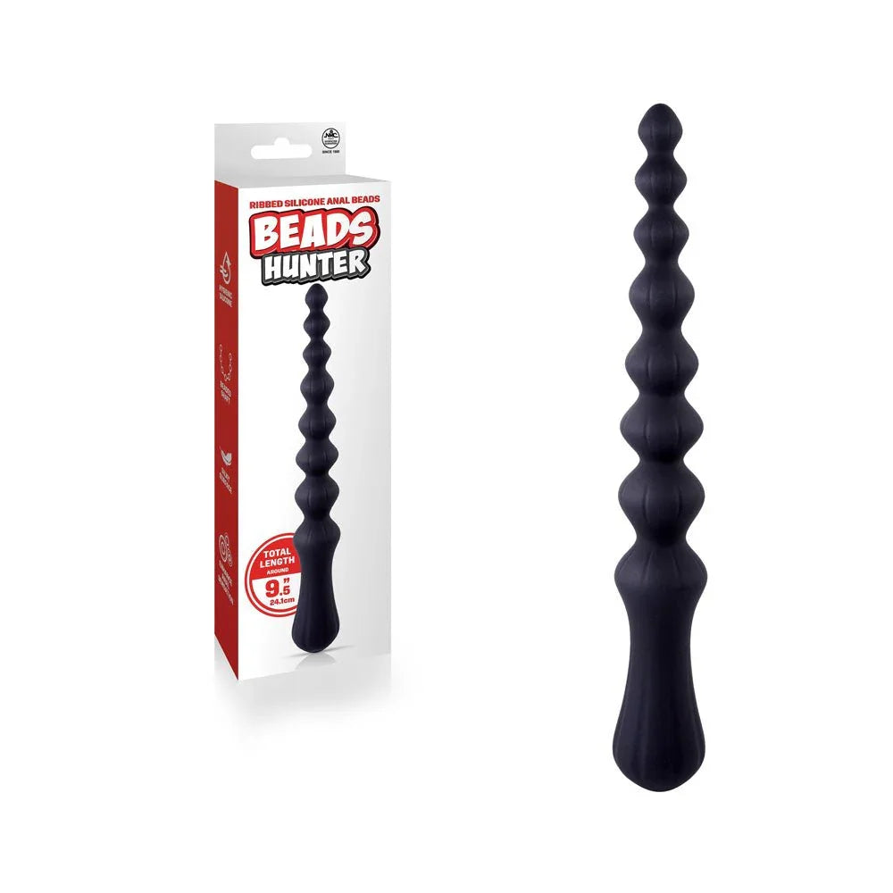 Beads Hunter 24.1 cm anal beads in Black, graduated ribbed shaft beside its red retail box