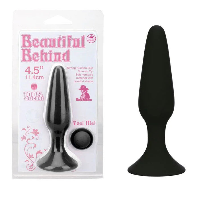 Beautiful Behind 11.5 cm butt plug in Black, glossy plug beside its blister card