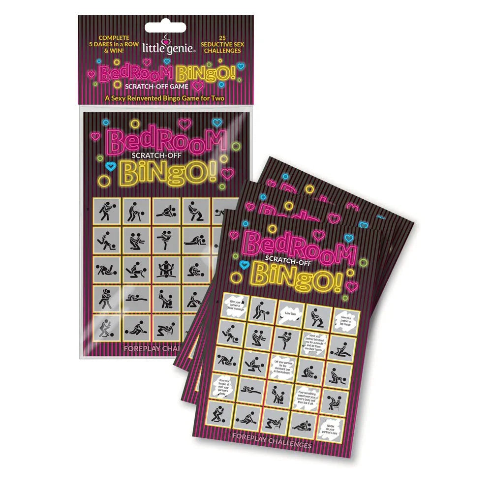 Bedroom Bingo scratch-off cards, pink and black pack with three bingo cards fanned