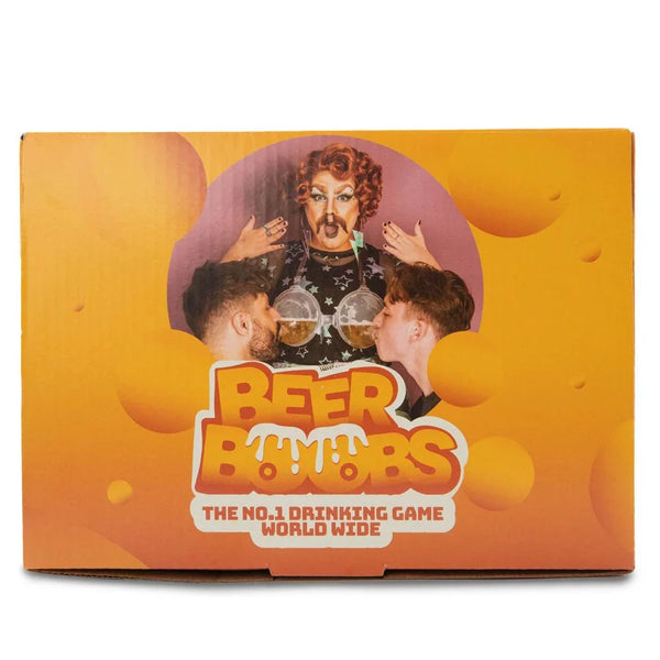 Beer Boobs drinking game, orange box with drag-queen cover photo