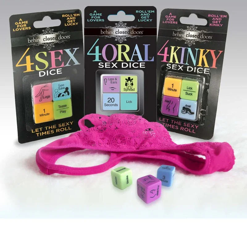 Behind Closed Doors dice range, 4Sex, 4Oral and 4Kinky packs with lace and loose dice