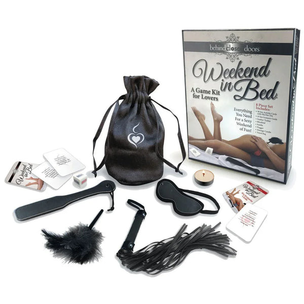 Behind Closed Doors Weekend in Bed kit, box with paddle, flogger, tickler and blindfold