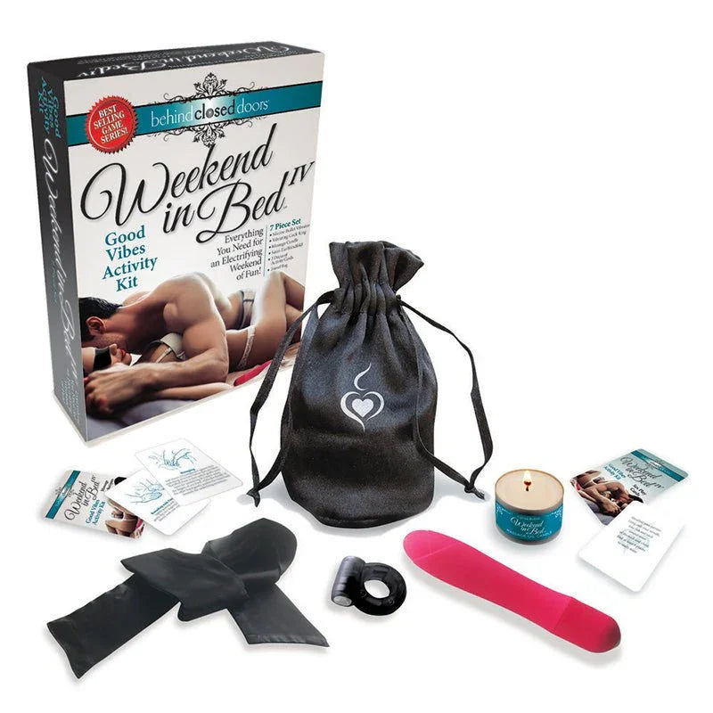 Weekend in Bed IV Good Vibes kit, box with pink vibrator, cock ring, ribbon and candle