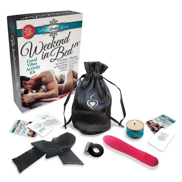 Weekend in Bed IV Good Vibes kit, box with pink vibrator, cock ring, ribbon and candle