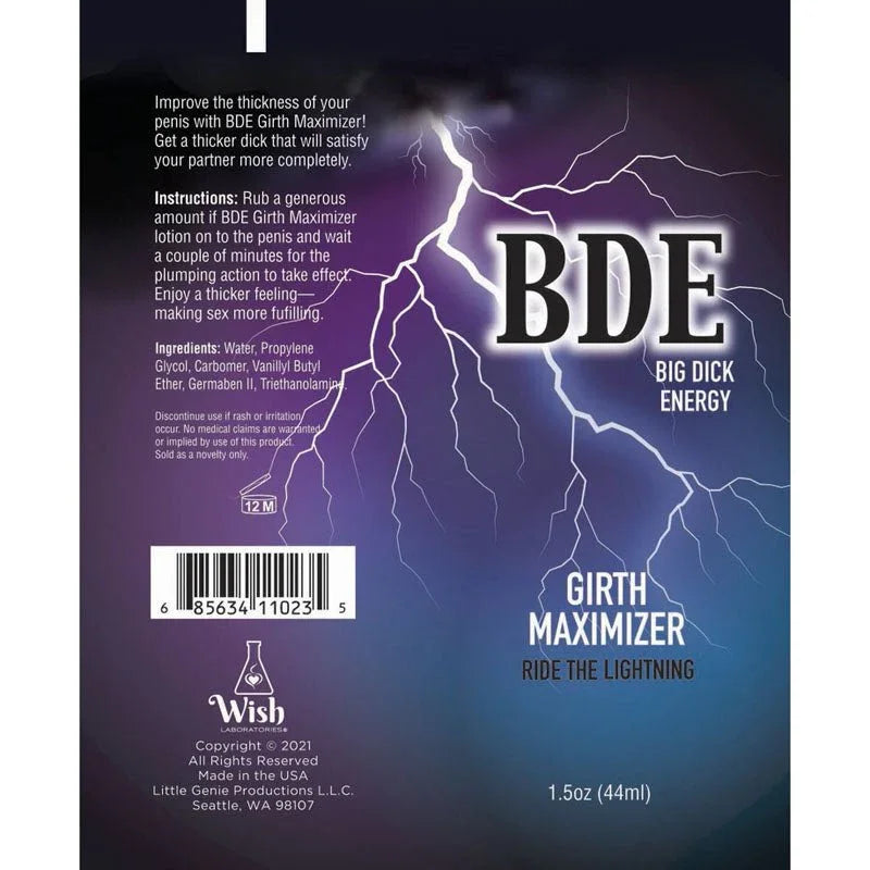 Big Dick Energy Girth Maximiser carton reverse, showing instructions and barcode