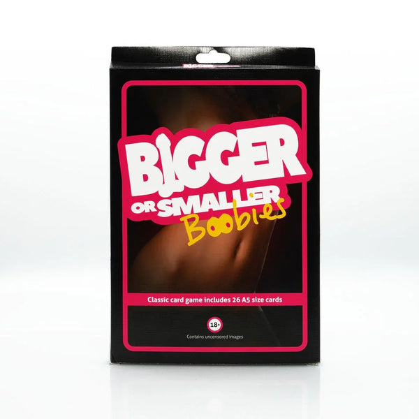 Bigger or Smaller Boobies card game, black and pink box front