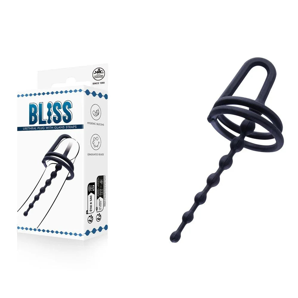 Bliss urethral plug in Black, beaded sound with triple glans rings beside its retail box
