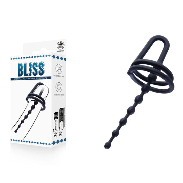 Bliss urethral plug in Black, beaded sound with triple glans rings beside its retail box