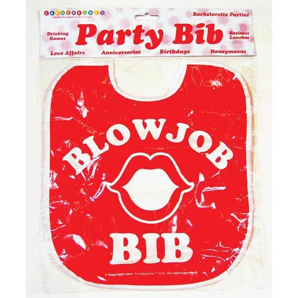Blowjob Bib novelty party bib in red with white lips, sealed in its Party Bib header bag