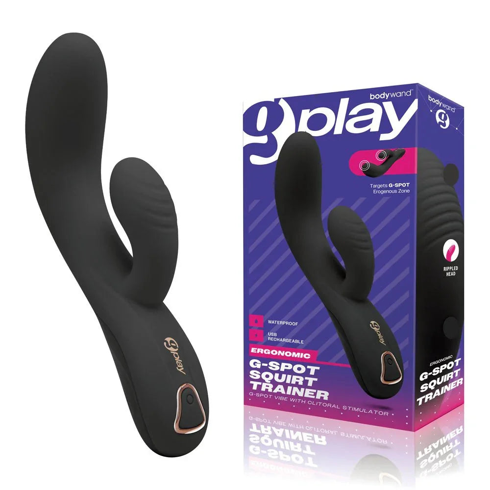 Bodywand G-Play Squirt Trainer in Black standing beside its purple retail box