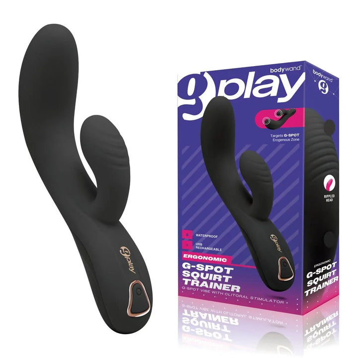 Bodywand G-Play Squirt Trainer in Black standing beside its purple retail box