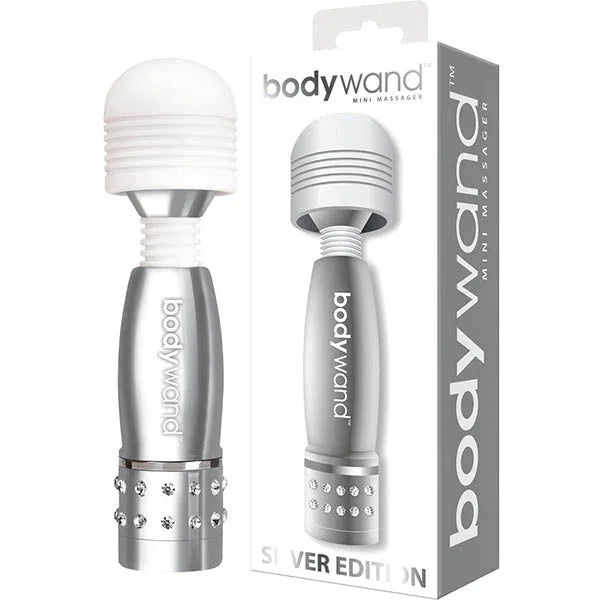 Bodywand Mini Massager in Silver, two crystal-studded minis beside the box