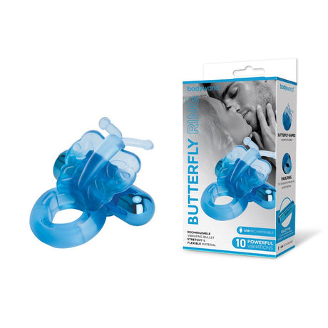 Buy Bodywand Rechargeable Butterfly Ring - Blue USB Rechargeable Vibrating Cock Ring – Naughtyhut NZ sex toys online. Discreet delivery & top brands.
