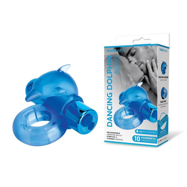 Bodywand Dancing Dolphin Ring in blue, flexible silicone, rechargeable with 10 vibration modes.