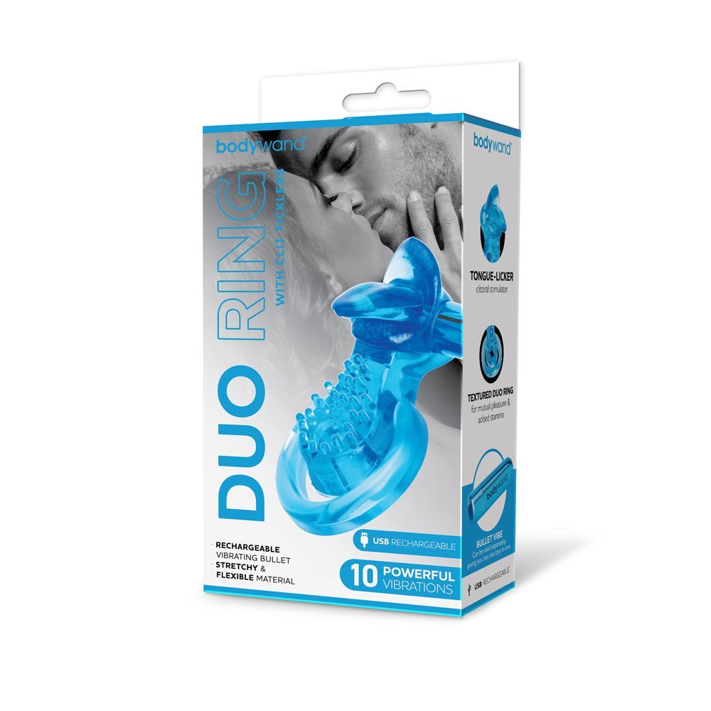 Bodywand Rechargeable Duo Ring with Clit Tickler - Blue USB Rechargeable Vibrating Cock Ring – Sex toys NZ by Naughtyhut. Discreet delivery nationwide.