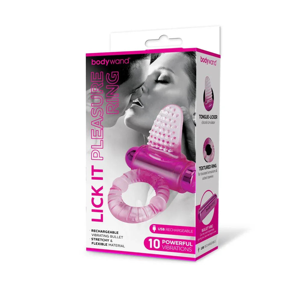 Bodywand Lick It Pleasure Ring retail box with black-and-white couple photo
