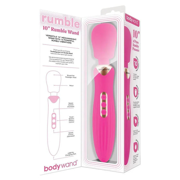 Bodywand 10 inch Rumble Wand in Hot Pink shown in its open-front box with diagram